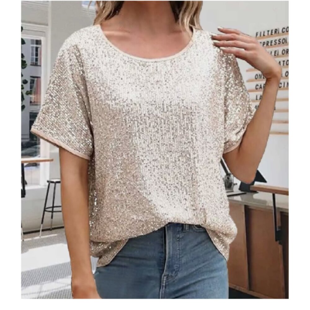 Sequin Tops Sparkly Glitter Blouse Sequined Short Sleeve Shirt Size L NWT